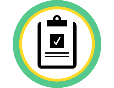 A clipboard icon with a checkmark inside it in a yellow and green circle frame